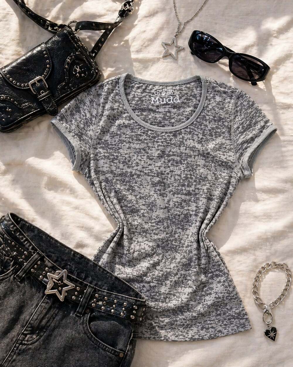 Mudd Y2K Burnout Baby Tee Gray Fitted Top‎ Mall Goth Grunge